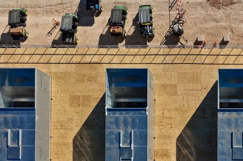 aerial view of farm machinery
